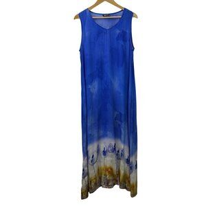 APNY Blue Watercolor Maxi Dress Womens Medium Abstract Sleeveless Flowy Boho VTG